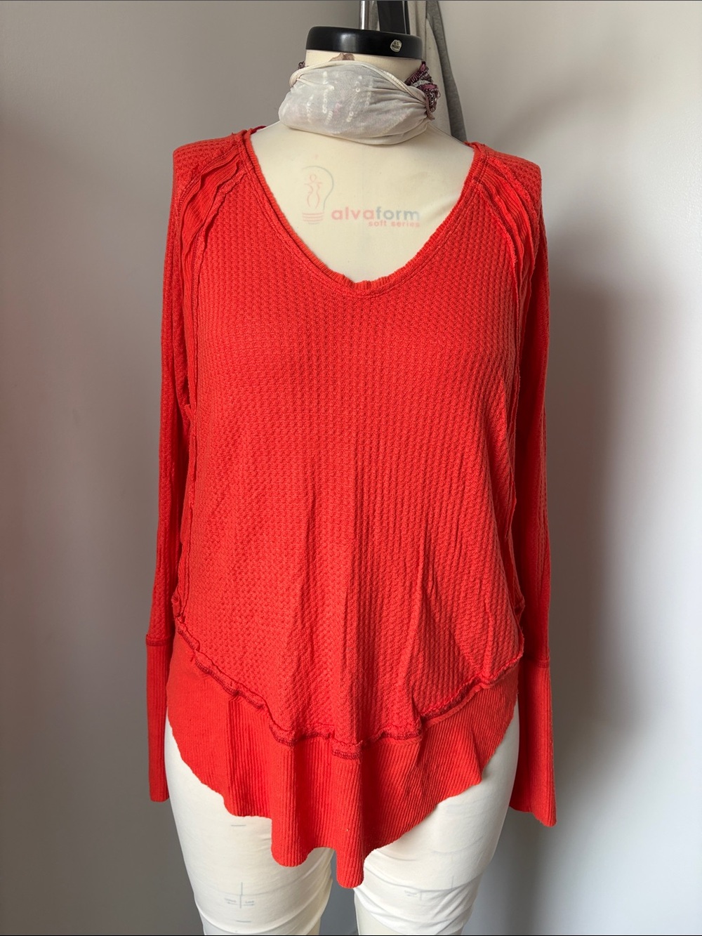 Free People Coral Red V-Neck Textured Knit Top